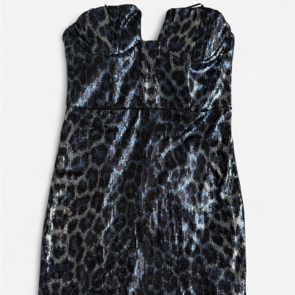 Zara Strapless Black and Blue Leopard Dress